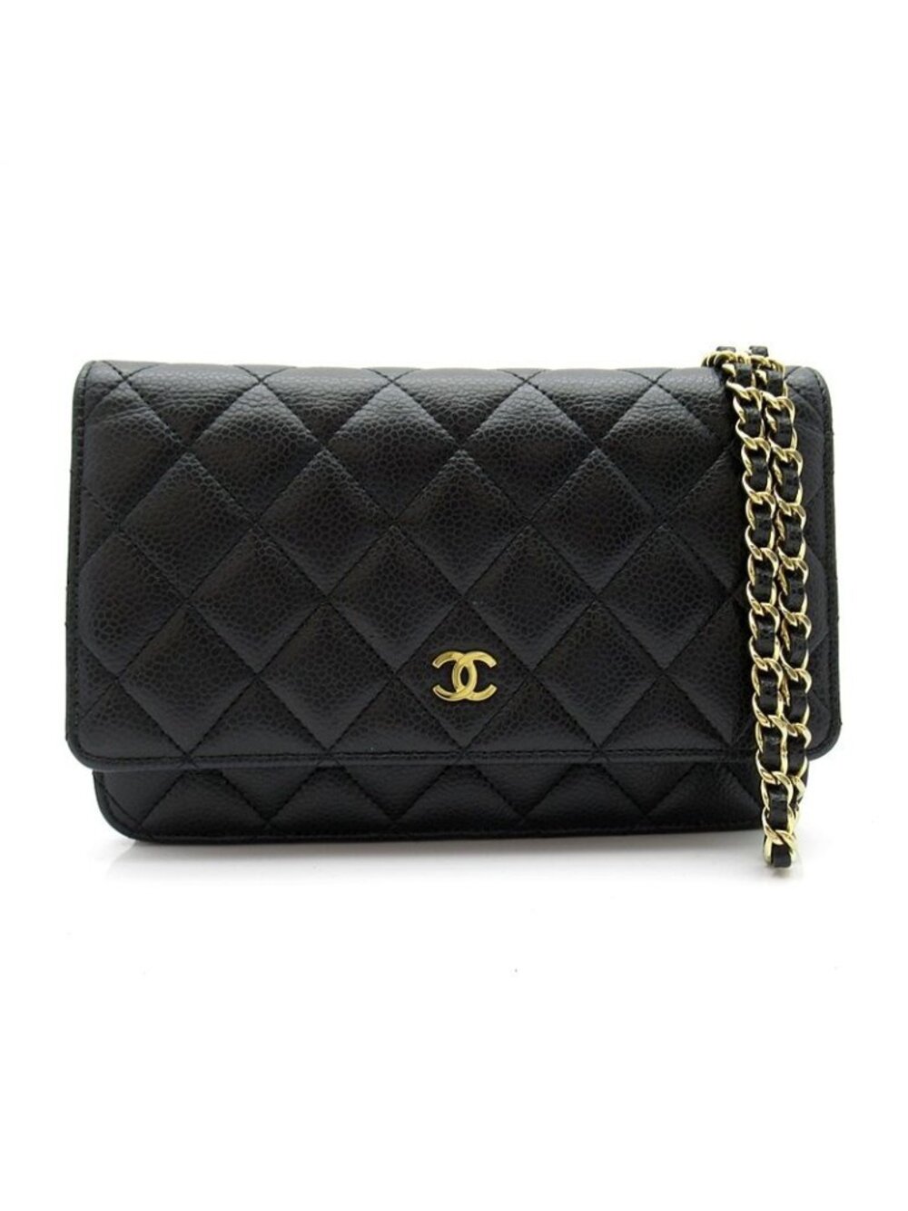 Chanel Quilted Chain Wallet Caviar Leather Shoulder Bag Black